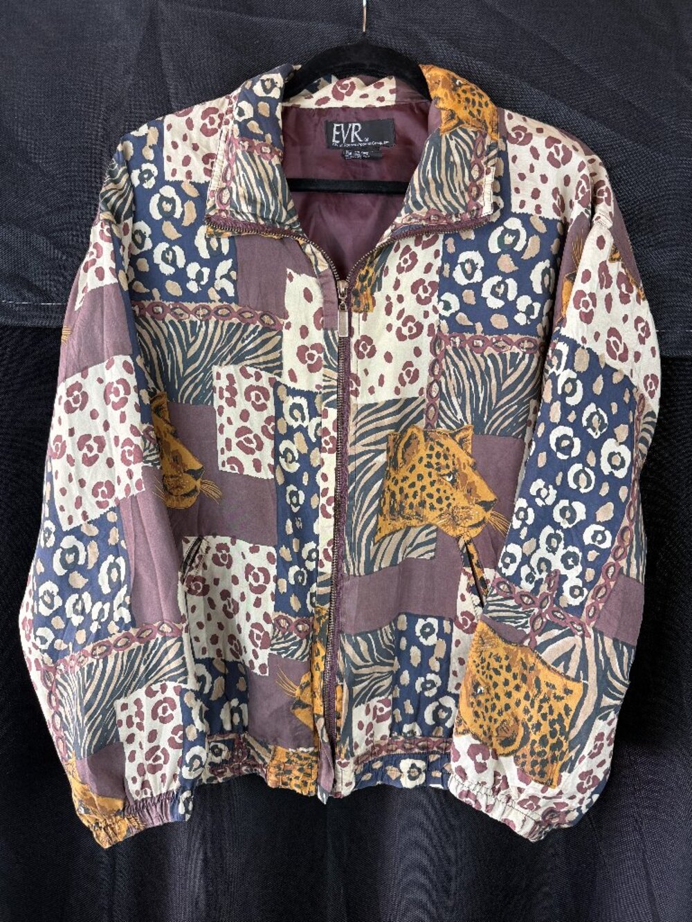 Vintage 80's EVR Patchwork 100% Silk Animal Print Jacket ( Size M)